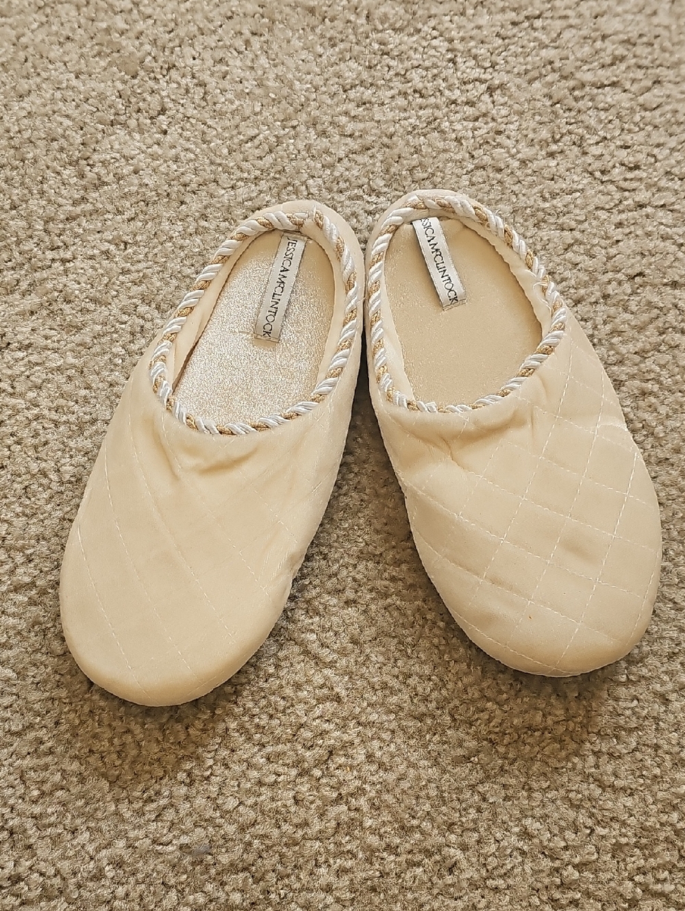 Jessica McClintock Cream Quilted Braided-Trim Slip-On Slippers T2